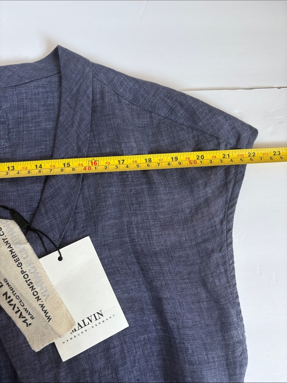 Malvin 100% linen blue chambray scoop neck shirt dress cap sleeves pleated neck - Picture 13 of 16